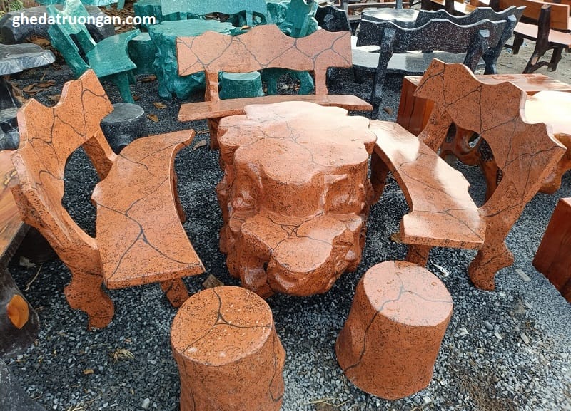 bàn ghế đá bê tông sơn giả đá màu cam con voi