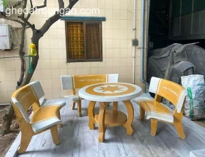 bàn ghế đá mài tròn hai màu chân bàn Hà Nội mặt ngôi sao trắng vàng