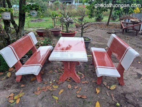 bàn ghế đá chữ nhật hai màu trắng đỏ