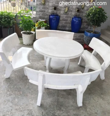 bàn ghế đá mài granito tròn trắng 4 ghế chân bàn Hà Nội