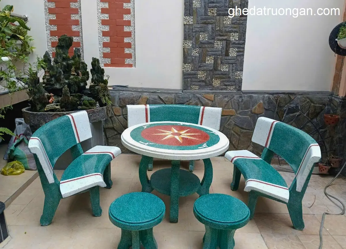 Bộ ghế đá tròn trắng xanh ngôi sao con hạc ghế đôn